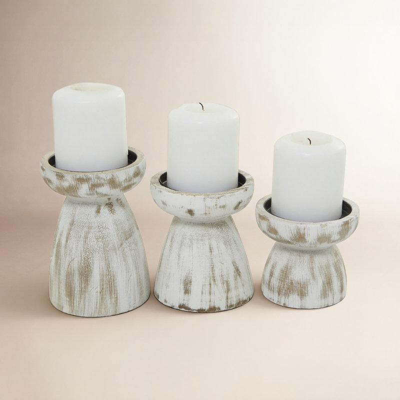 3 Piece Wood Tabletop Candlestick Set, White Wash