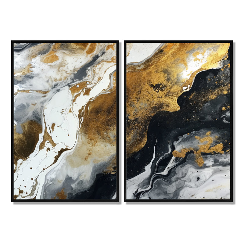 Or noir veines de couleur I - art mural moderne, 36" H x 48" W, Floater Framed Print without Mat, Black