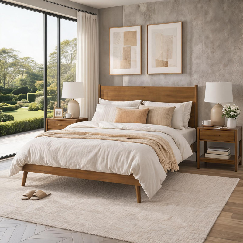 Chambre à coucher grand lit plateforme en bois d'acacia massif de style Mid-Century avec finition naturelle naturelle sans sommier