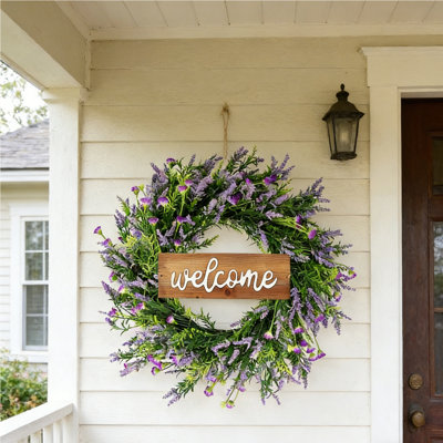 Couronne de bienvenue de 18 pouces - Lavande artificielle et couronne de porte florale pour mur intérieur extérieur, fenêtre, décoration de mariage
