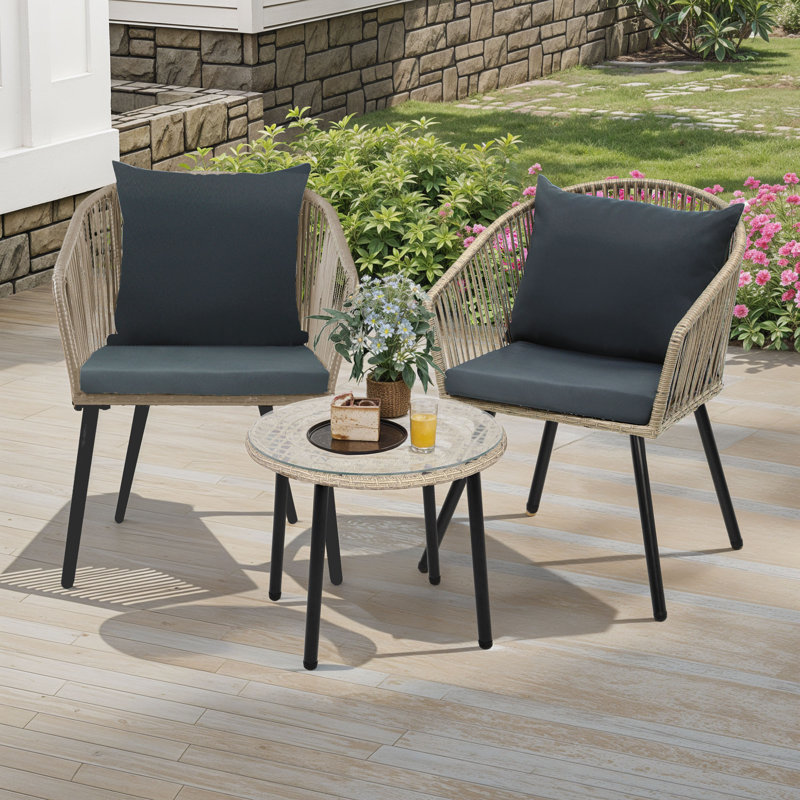 3-Piece Wicker Cushioned Patio Bistro Set, Black