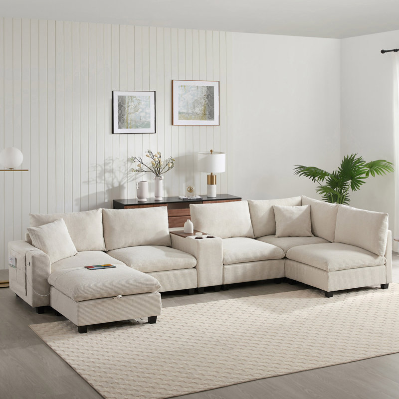 Canapé modulaire surdimensionné de 140 po avec repose-pieds et console de rangement mobiles, pochettes de rangement amovibles, porte-gobelet, siège large, chargeur USB, canapé en chenille à 6 places en U pour le salon