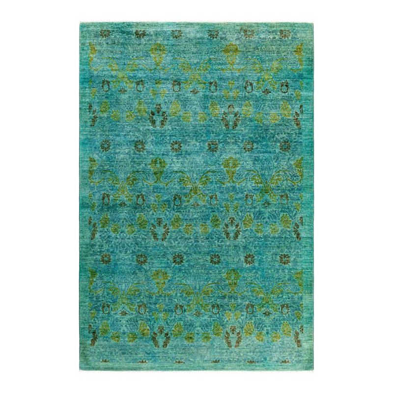 Tapis unique bleu / vert / brun de 6 pi 2 po x 9 pi Overdyed