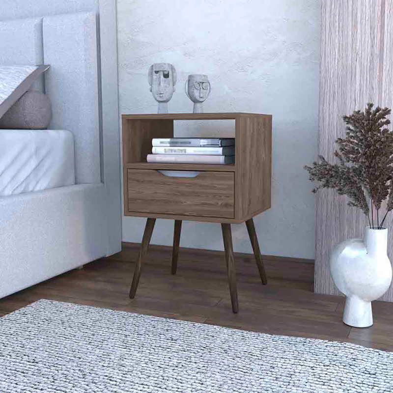 Table de chevet Fugaz, tablette ouverte, tiroir simple, finition noyer foncé, Noyer