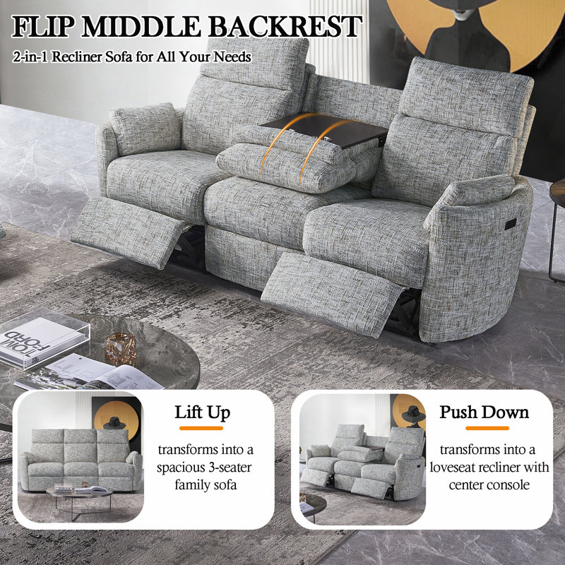 Callendale Power Reclining 3-Seater Sofa With Drop Down Table, Cup Holders, Dual USB & Type-C Ports, Blue Ashes
