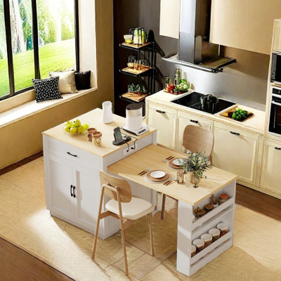 Multifunctional Kitchen Island With Extendable Table, Built-In Power Outlet, And Adjustable Shelves For Small Kitchens