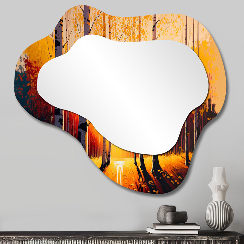 Yadira Golden Hour Birch Trees V - miroir mural asymétrique forêt, miroir décoratif champêtre, impression sur métal