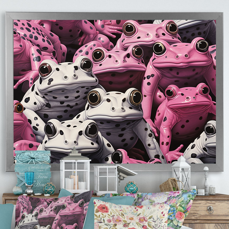 Grenouille blanche et rose Pop Art, H 16 po x l 32 po x P 1 po, Cadre simple argenté