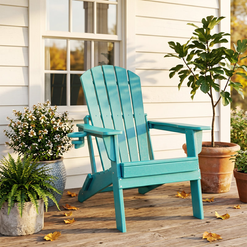 HDPE Folding Adirondack Chair With Cup Holder,Weather-Resistant, Low Maintenance,Supports Up To 400Lbs,4 Pack, Aruba Blue