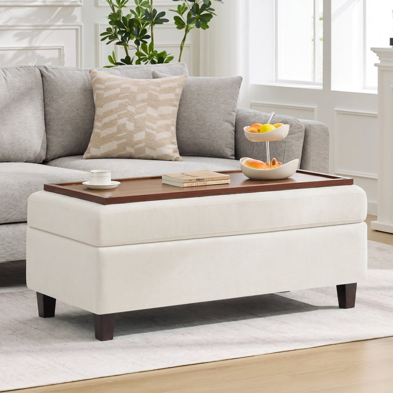 Banc multi-fonctionnel pour repose-pieds avec couvercle rabattable en bois et coussin, Beige