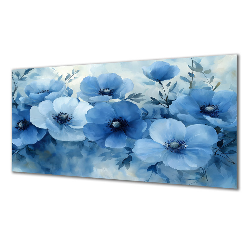 Art floral mural bleu en cascade de coquelicots III - Coquelicots, H 28 po x l 60 po