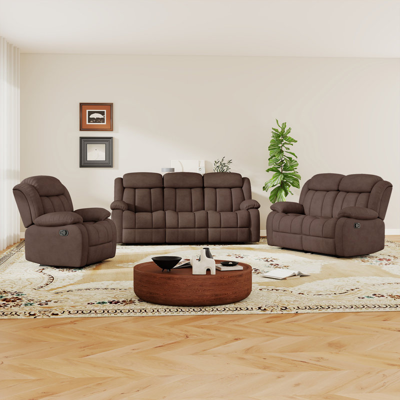 Ensemble de salon inclinable manuel en microfibre 3 pièces 3 pièces, 3 pièces: canapé, causeuse, fauteuil, Brun