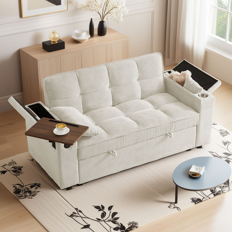 65"W Convertible 3 in 1 Sofa Bed, Pull Out Couch Loveseat Sleeper with Side Table&USB&Type-C Ports&Storage Armrests, Beige 