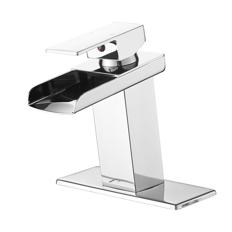 Robinet de salle de bain avec cascade de plaque de pont, poignée, valve à cartouche, robinet de style moderne en cas d'utilisation, d'un côté, monté