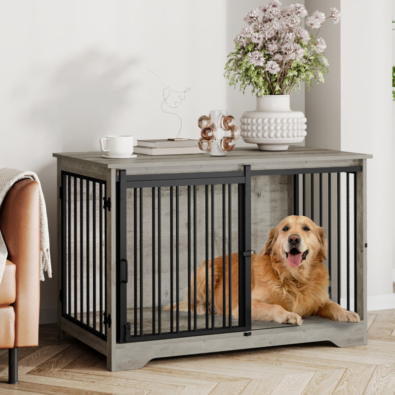 Dog Crate Furniture, Double Door Wooden Dog Crate with Barn Door, Indoor Kennel, End Side Table Animal Crates for Small Medium Large Dogs, Anti-Chew Anti-Escape