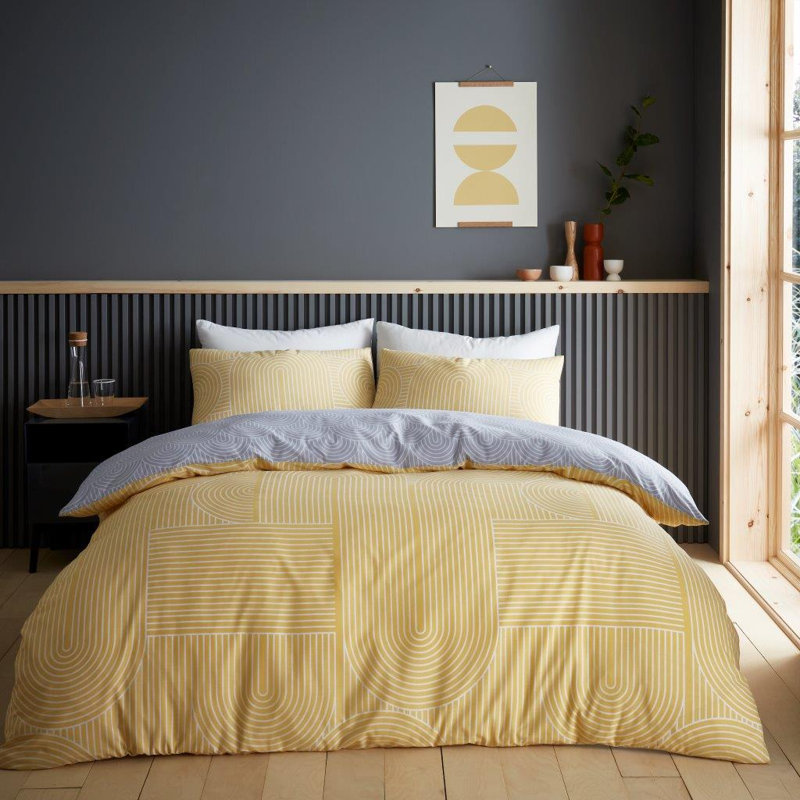 Geometric Shapes Duvet Cover Set with Pillowcases, Kingsize - 2 Standard Pillowcases, Ochre/Grey