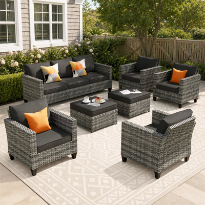 Ensemble de meubles de patio en osier / rotin pour 7 personnes Allcot, canapé d'extérieur avec coussins confortables