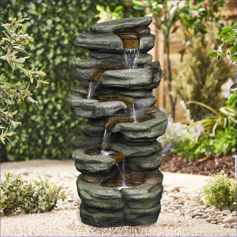 Fountains | 30.7" H 6-Tier LED Rock Waterfall Fountain for Indoor Outdoor Patio Garden | Resin | Rock
