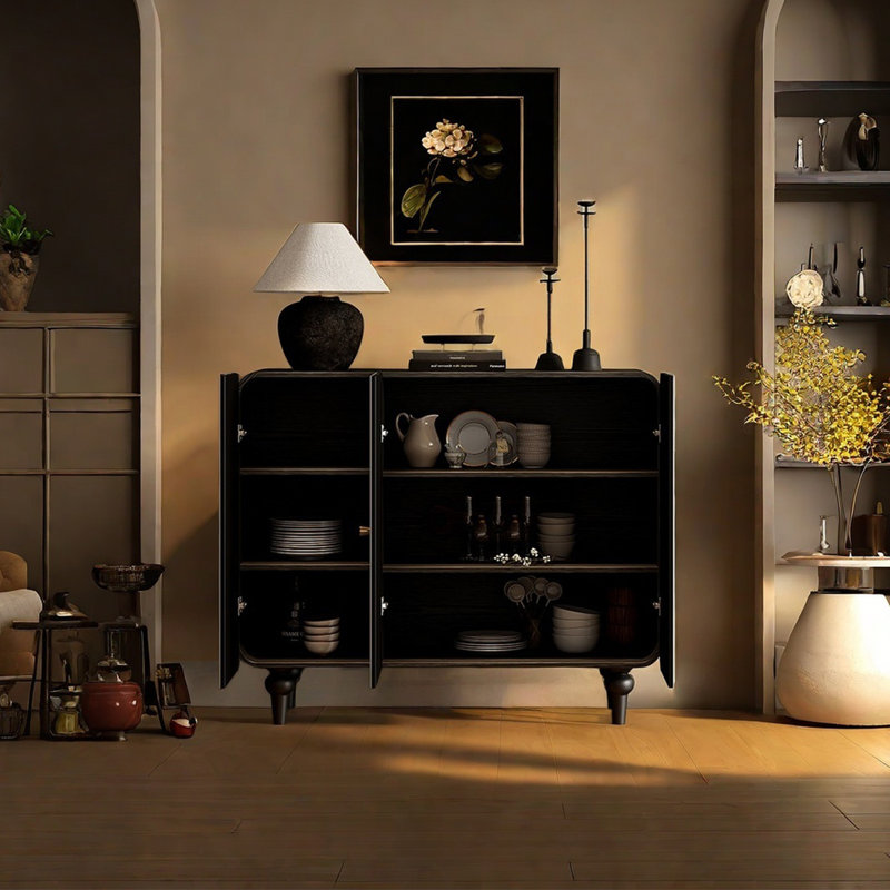 Buffet en bois massif à motif d'art moderne, Noir, noir, noir, noir