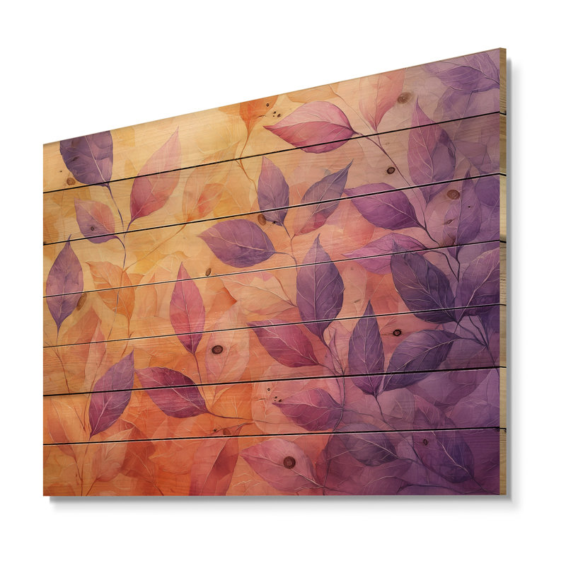 Coucher de soleil sur feuilles I, art mural sur bois de pin naturel, H 24 po x l 32 po