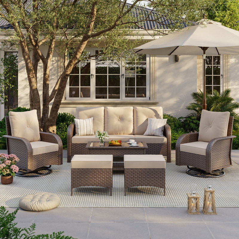 Ensemble de conversation de patio 6 pièces avec chaises berçantes pivotantes à 360 °, ensemble de meubles de patio en osier et en acier toutes saisons avec table basse de rangement, repose-pieds à usages multiples pour la cour, le porche et le jardin