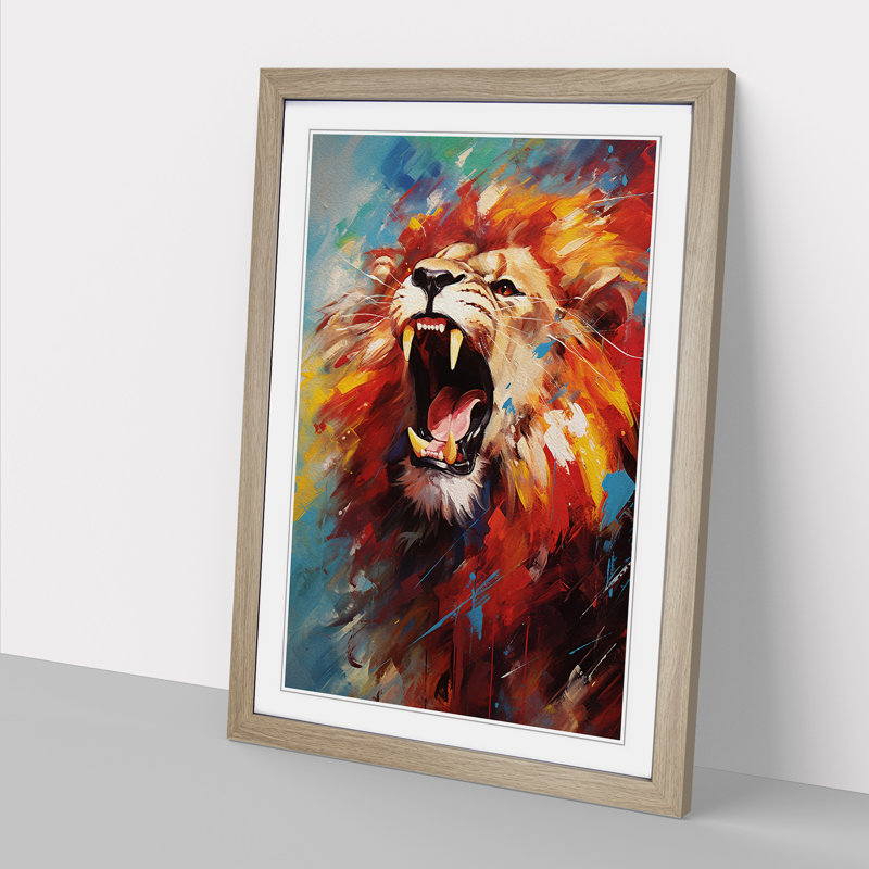 Lion Modern - Single Picture Frame Print on Wood, Oak Framed, 46cm H x 34cm W x 2cm D