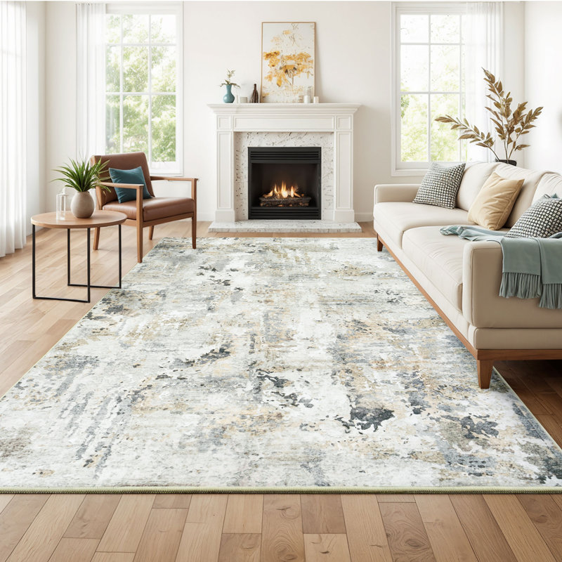 6'X9' Neutral Machine Washable Abstract Modern Area Rugs Beigh/Brown/Gray, Rectangle 6' x 9', Beige