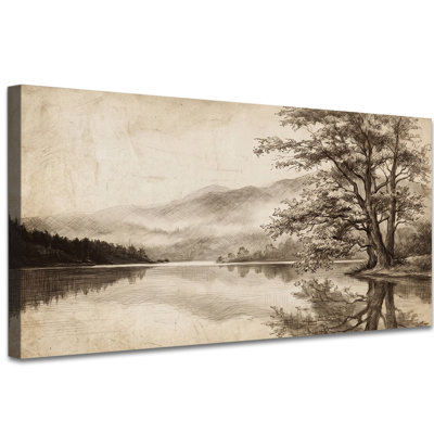 Vintage Landscape Wall Art, Sepia Nature-Inspired Canvas Wall Decor for Living Room or Bedroom, Tranquil Woodland Lake Scene Artwork Gallery Wrapped, Ready to Hang, 20x40 Inches