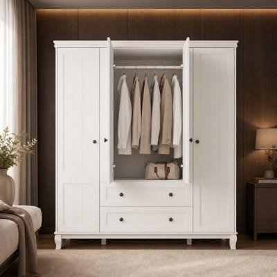 Armoire-penderie blanche H 71,3 po avec 4 portes, 2 tiroirs et tringles suspendues