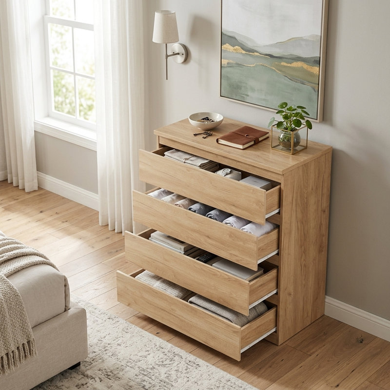 Commode 31,5 po à 4 tiroirs, commode de rangement sans poignées pour chambre à coucher et garde-robe 31,5 po, Bois