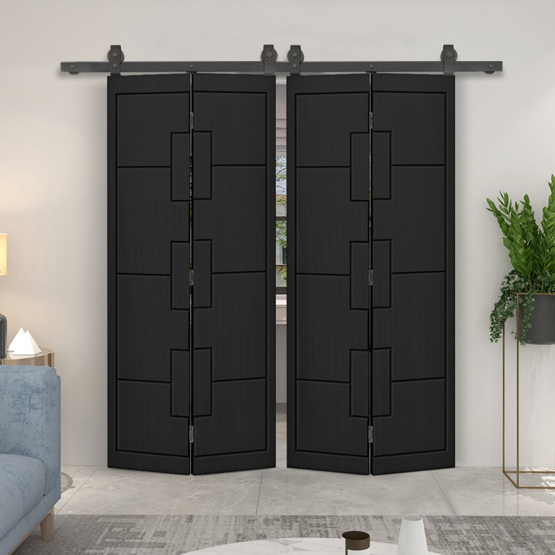 Modern Bi-Fold Double Barn Door with Sliding Hardware Kit, Black, 40" x 80"