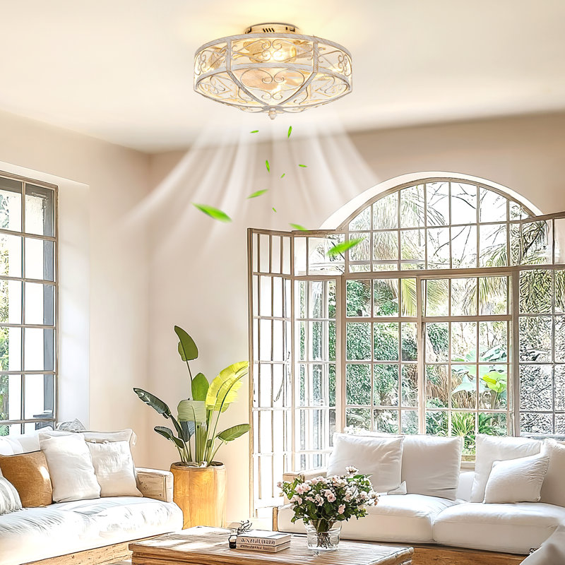 Ventilateur de plafond encastré 20 po avec luminaire et télécommande - style maison de campagne., Bois blanc, Doré / Blanc