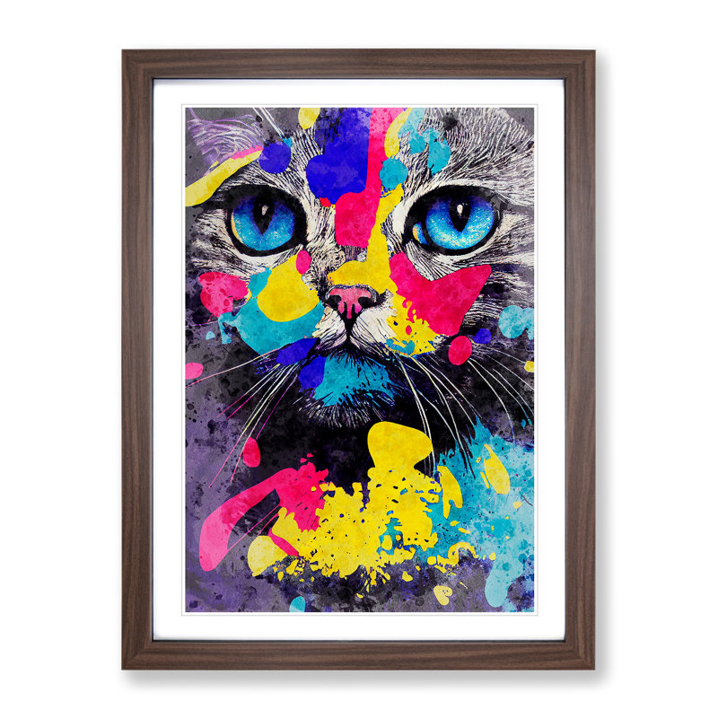 Catt Paint Splash No.5 - Wall Art, 48cm H x 36cm W, Walnut Framed, White