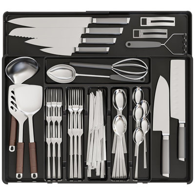 Expandable Silverware Organizers For Kitchen Drawers,Large BPA Free Cutlery Organizer In Drawer,Plastic Utensil Drawer Organizer Suitable As Flatware,Knife,Fork,Spoon,Silverware Holder And Tray,Black