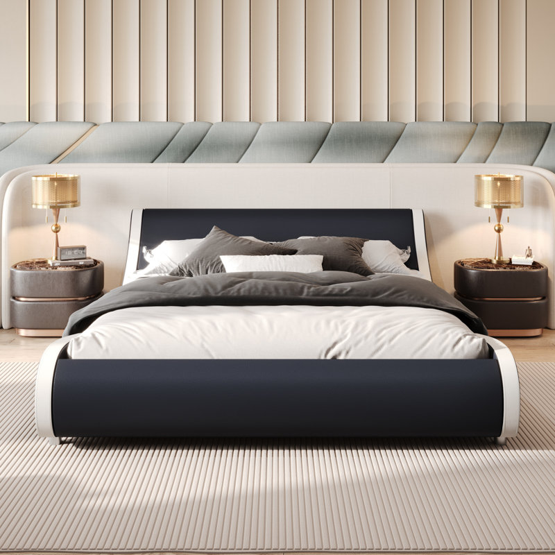 Low Profile Sleigh Bed With Adjustable Headboard, Full, Black/White
