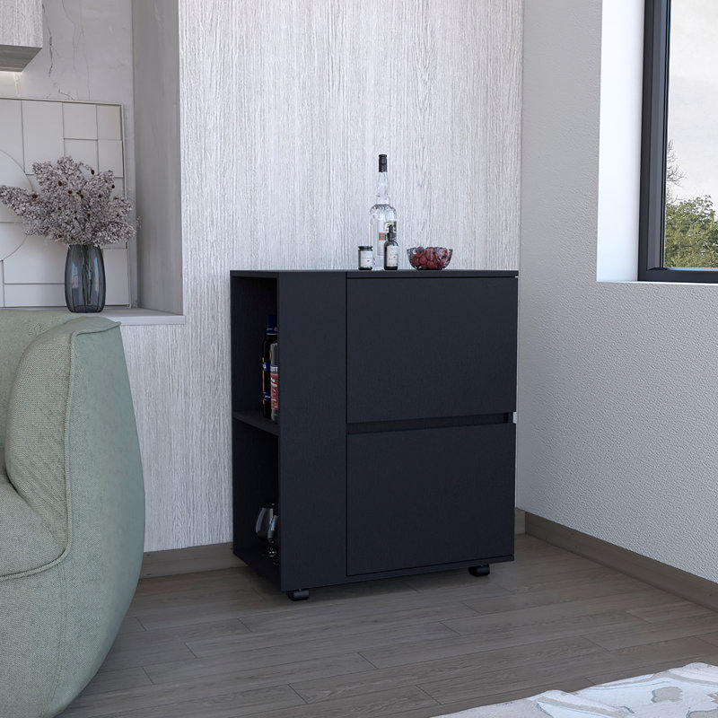 Tully Bar Cart Two Pull-Down Door Cabinets And Two Open Shelves, Black