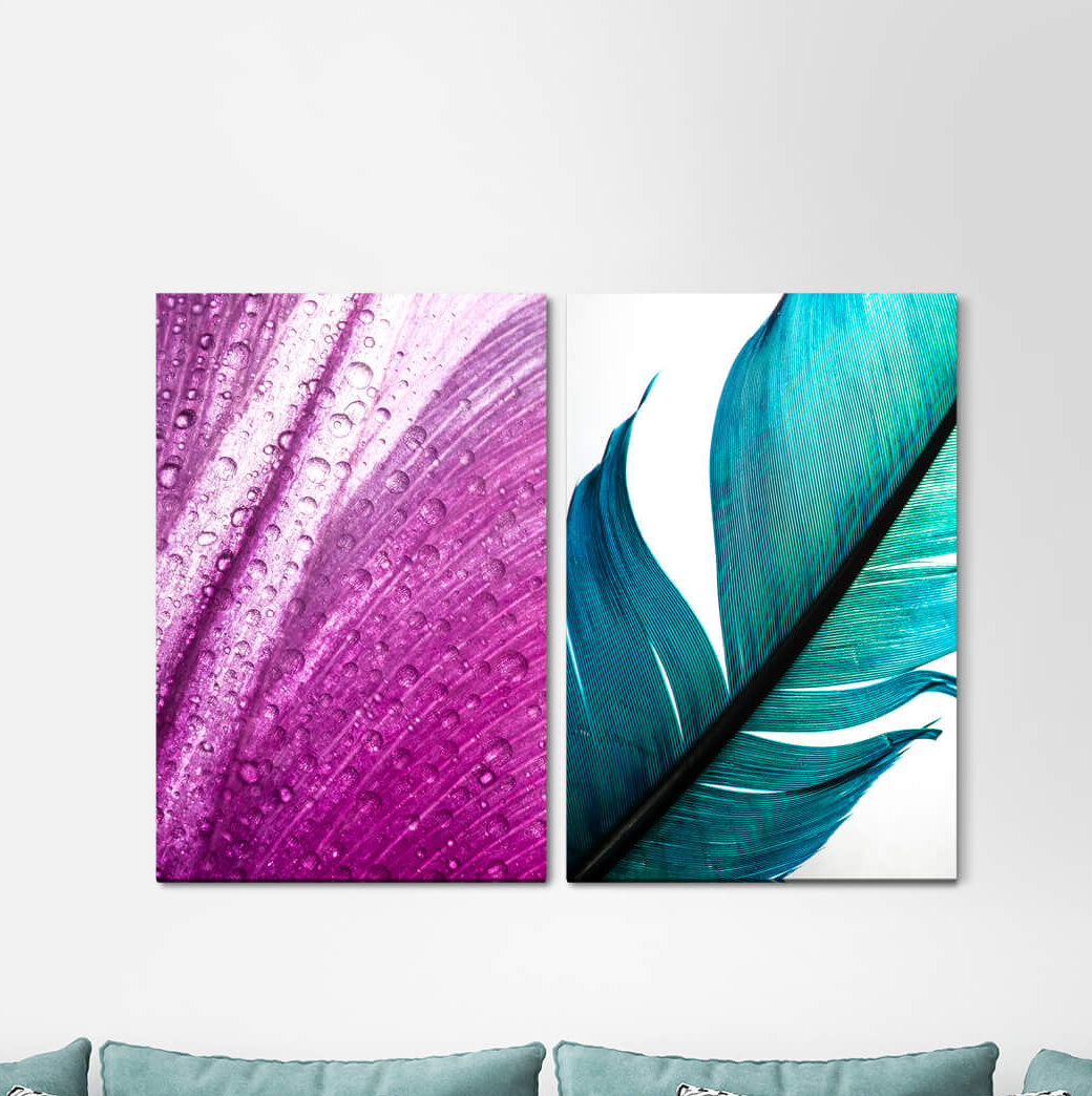 2-tlg. Leinwandbilder-Set Raindrop Feather Violet Turquoise Blossom Relaxing Soft