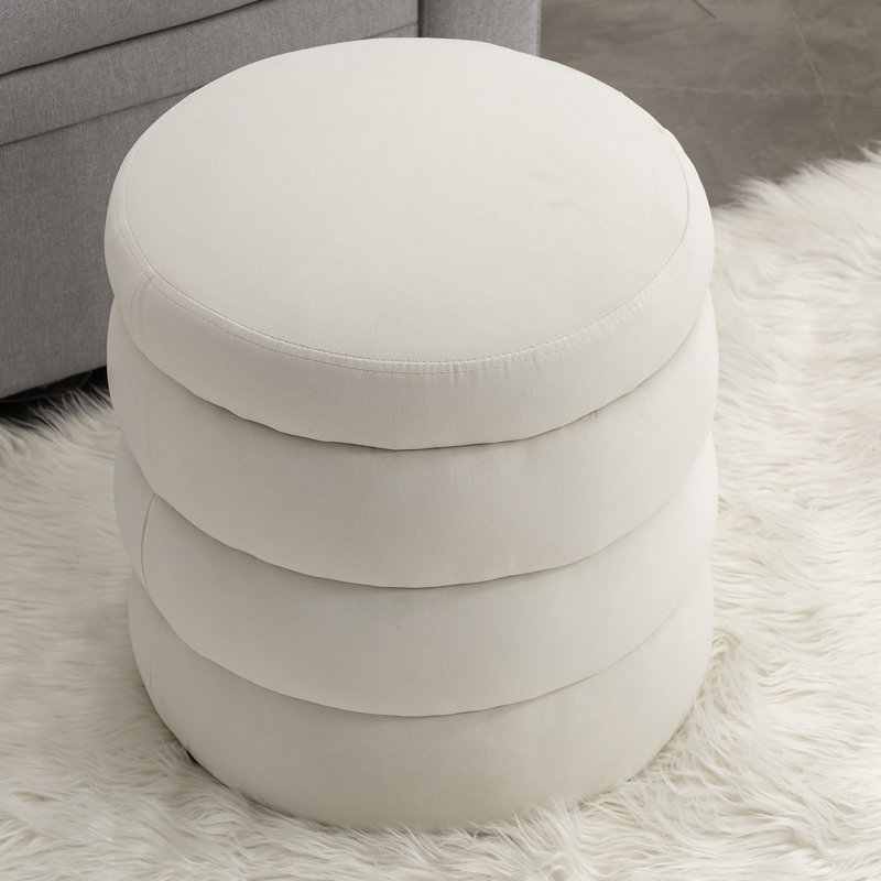 Round Upholstered Velvet Ottoman, Velvet, Ivory