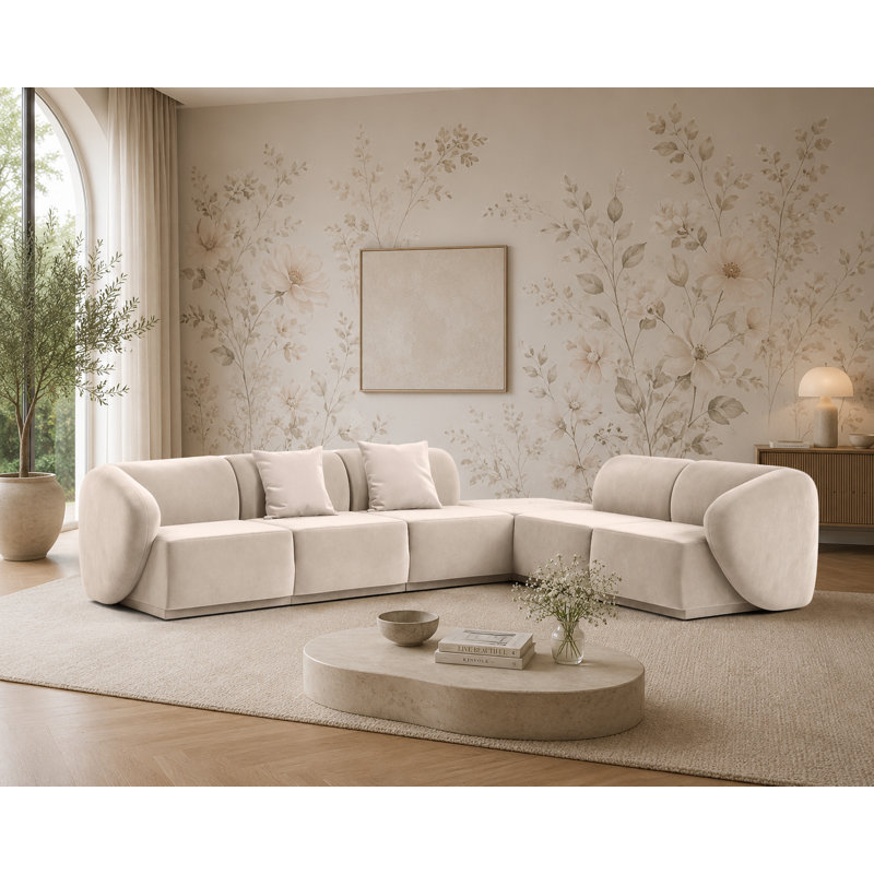 6 Seater Velvet Sofa & Chaise, Beige Velvet