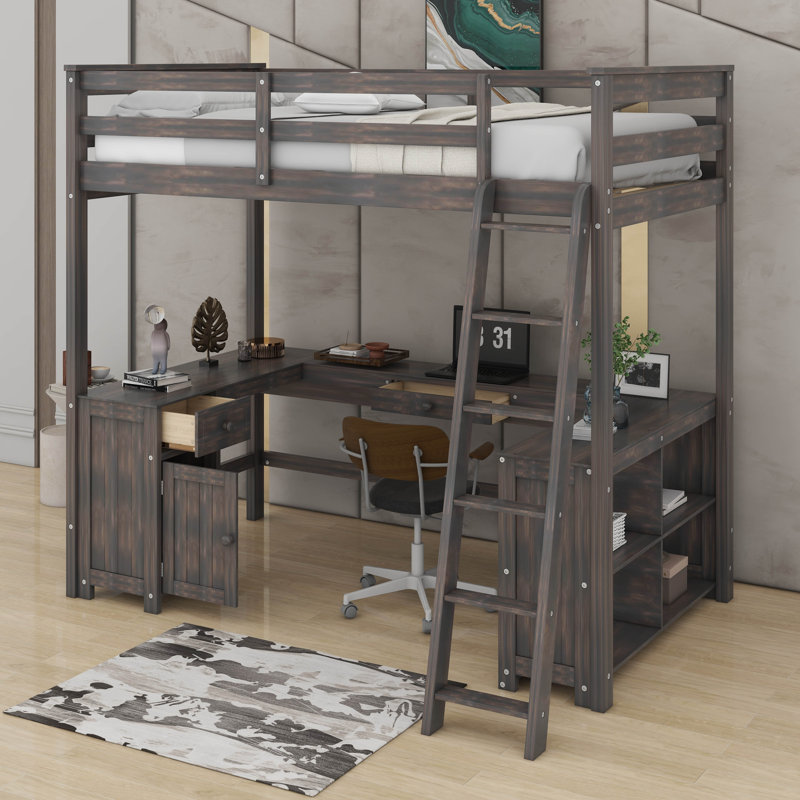 Lit mezzanine double avec bureau, tiroirs et tablettes, Brun antique
