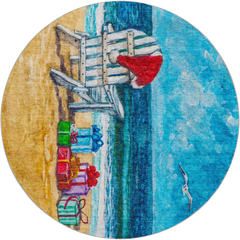 Premium Machine Washable Dream Shag ADS220 Santa on the Beach Rug, 8' Round