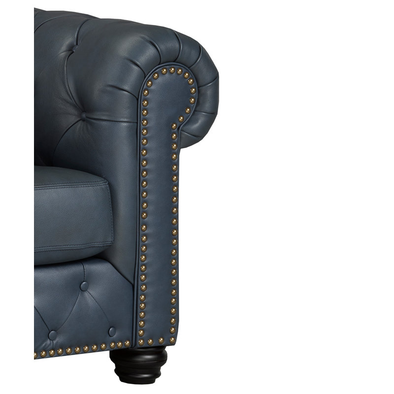 Orner 93" Leather Rolled Arm Chesterfield Sofa, Slate Leather Match