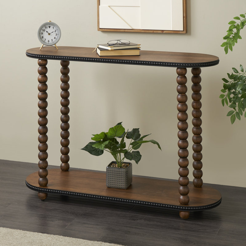 Chirillo Wood Oval Spindle 1 Shelf Brown Console Table with Beaded Edges