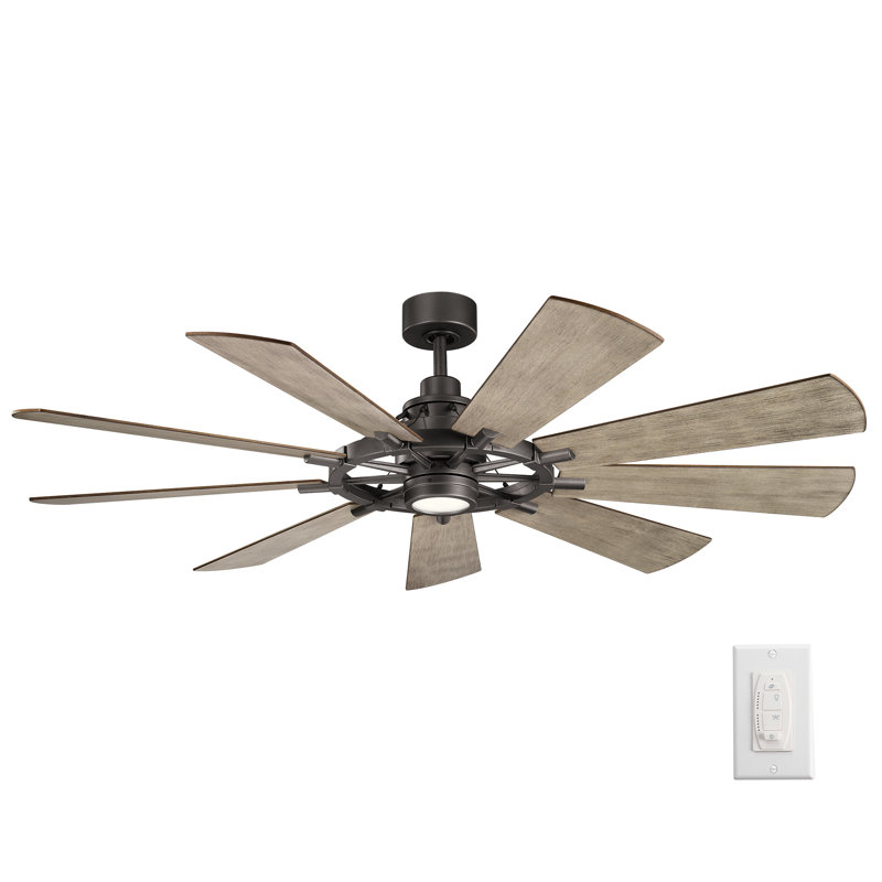 Kichler Gentry 65" 9 - Blade LED Windmill Ceiling Fan with Wall Control and Light Kit Included, Anvil Iron