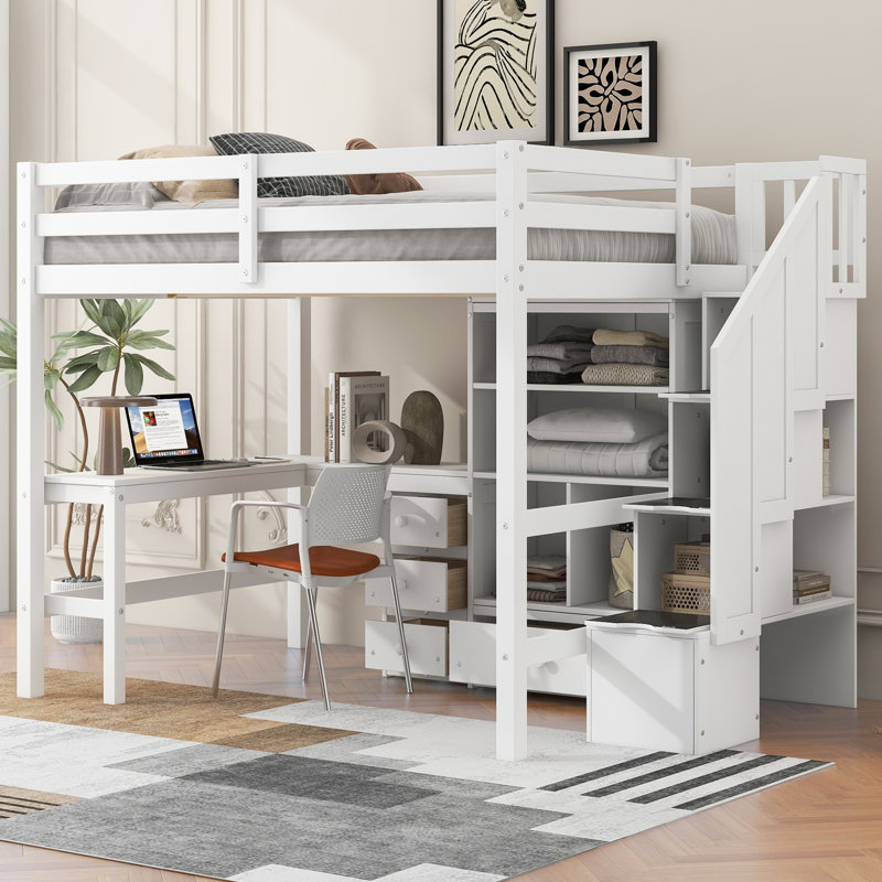 Lit mezzanine double avec bureau en L et tiroirs, armoire et escalier de rangement, blanc