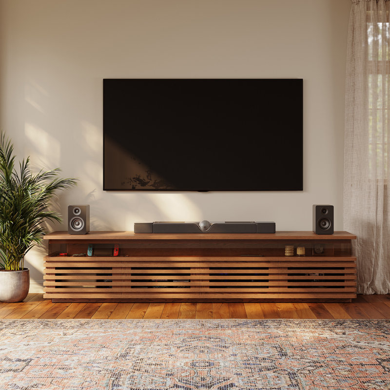 Selene Slatted Media Console With LED Lighting, No Assembly Required, 20.47"H x 94.49"L x 17.72"W, Walnut