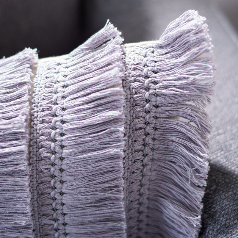 Light Grey and Periwinkle Fringed Cotton Rectangular Throw Pillow