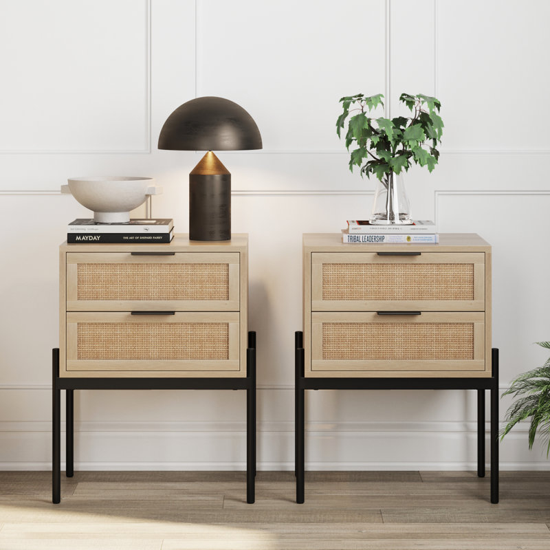 2-Piece End Table with Drawer Set, Black, Light Oak