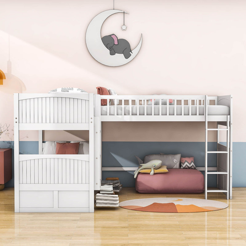 Kids Twin Over Twin Bunk Bed with Drawers, White