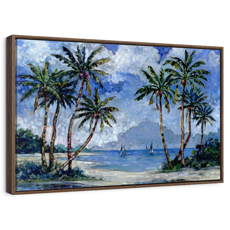 Impressions of Palms II, 13 po x 9 po, Cadre flottant noyer